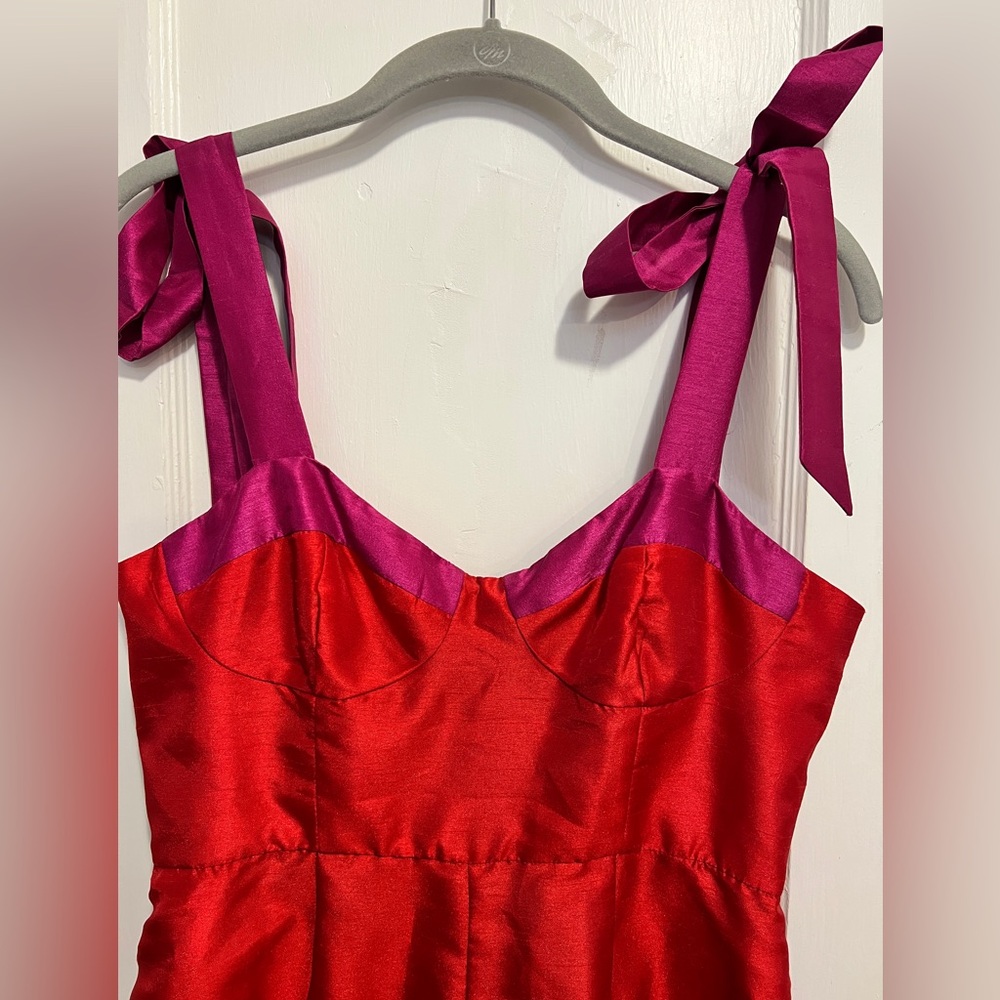 HUTCH Wide-Leg Jumpsuit Bow Straps Red & Fuchsia Bustier Top Anthropologie - Picture 2 of 13